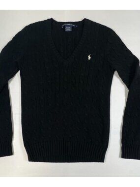 Ralph Lauren Sport Women Large Black Cable Knit V-Neck Sweater White Pony Cotton